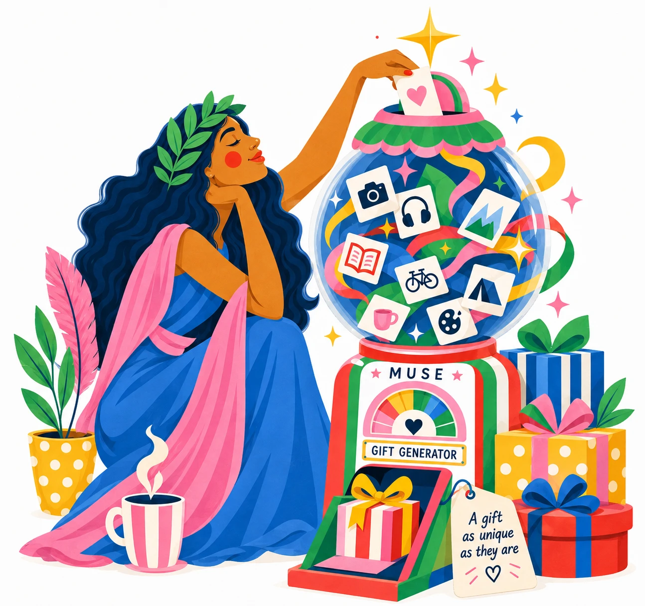 An illustration of a woman dropping a card into a Muse gift-generator gumball machine full of interest icons
